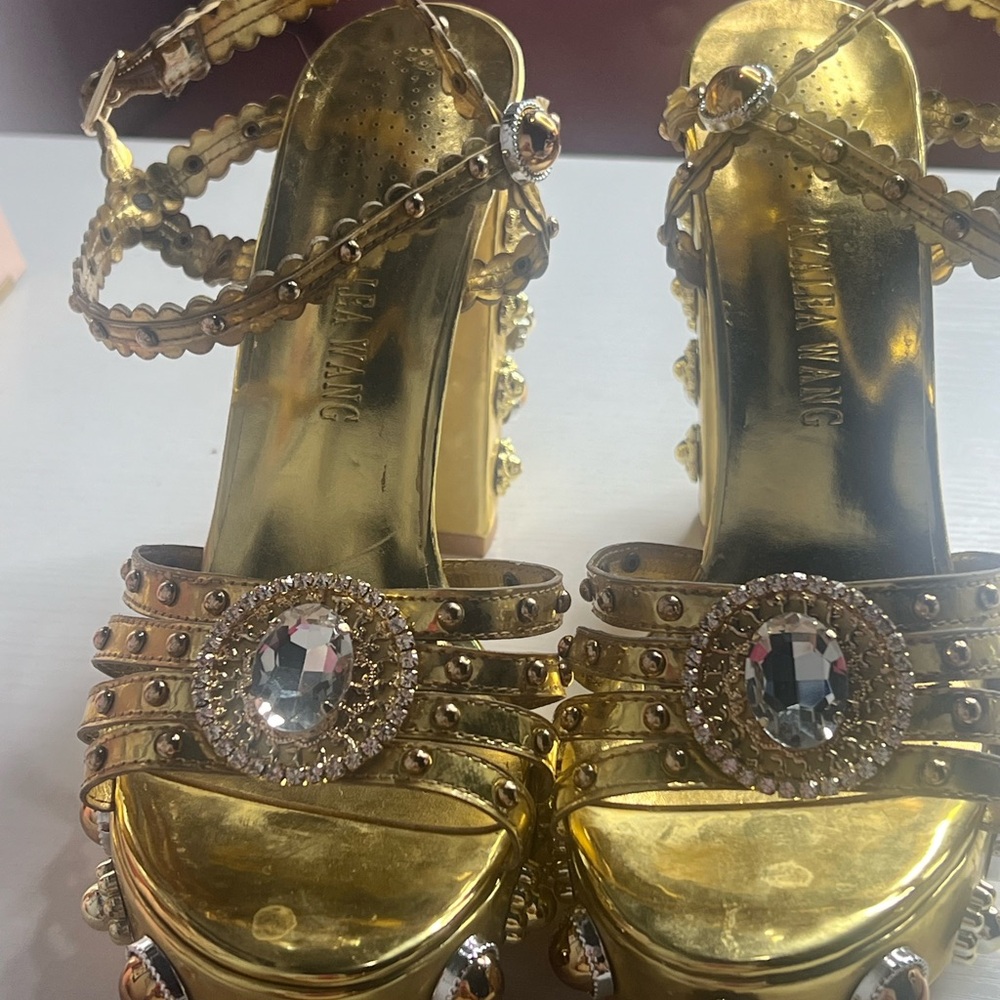 Azelea Wang Gold Heels with Crystal Embellishments Size 11